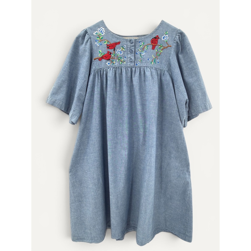 Go Softly Patio Dress Petite L Embroidered Cardinal Chambray Cotton Pockets